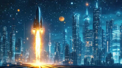 Fototapeta premium A futuristic rocket launching above a vibrant cityscape at night.
