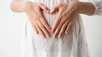 Obraz premium A pregnant person forms a heart shape with their hands on their belly, symbolizing love and anticipation.