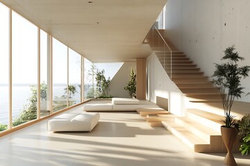 Modern Minimalist Coastal Living Room. Concept of serenity, luxury, and contemporary design.