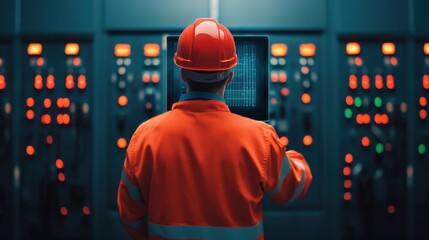 A worker in an orange safety suit and helmet monitors complex machinery controls in a dimly lit environment.