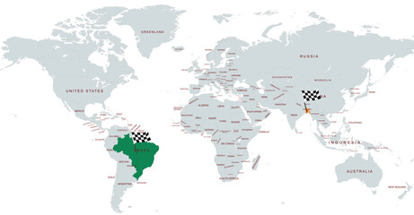 World Map Highlighting Specific Countries  bangladesh and brazil with Geographical Details
