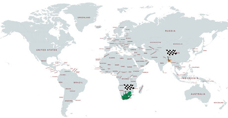 World Map Highlighting Specific Countries  bangladesh and south africa with Geographical Details