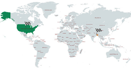 World Map Highlighting Specific Countries  bangladesh and united states  with Geographical Details