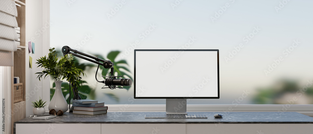 Poster a modern, simple office workspace featuring a computer with a white desktop mockup and a microphone.