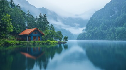 Fototapeta premium Secluded cabin, misty lake, serene mountains.