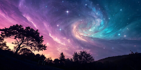 Fototapeta premium Neon galaxy-inspired background with swirling purple, blue, and magenta tones for vibrant and cosmic designs