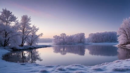 Obraz premium Frozen Lake Winter Background: Features a peaceful winter scene with a lake surrounded by trees covered in frost under a soft, muted sky