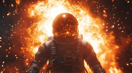 Fototapeta premium An astronaut suspended in space as a supernova erupts in the distance, vibrant shockwaves of light and energy spreading outward, cinematic lighting illuminating the astronaut’s reflective visor,