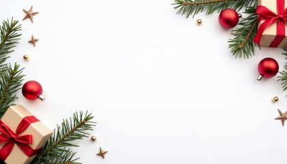 Christmas composition on a white background with decorated pine branches, gift boxes, and stars. Christmas banner, holiday decoration, festive atmosphere, event promotion, greeting cards, seasonal mar