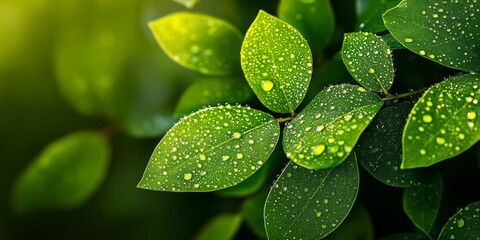 Fototapeta premium Green leaves adorned with droplets of dew reflect a serene morning atmosphere. The fresh greenery enhances the beauty of nature while the dew on the green leaves adds a refreshing touch.