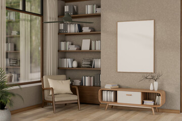 Minimalist contemporary living room features a picture frame mockup on the wall and stylish accents.