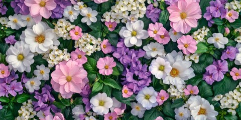 Fototapeta premium Vibrant background of blooming flowers featuring white, light pink, and purple hues complemented by lush green leaves, perfect for use as a design element, wallpaper, or printed material.