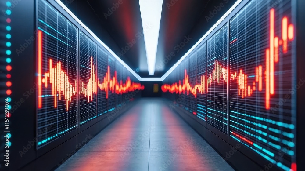 Poster a futuristic hallway with digital screens displaying vibrant audio waveforms, creating a high-tech a