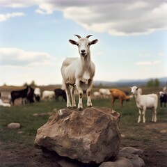 Obraz premium A photo of a goat standing on a rock in a farmyard surrounded by other animals.