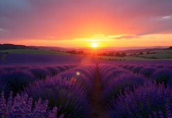 Lavender flower blooming fields in endless rows. Sunset shot.
