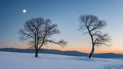 Winter Twilight Silhouette Background: A serene winter scene featuring two bare trees silhouetted against a pastel twilight sky with a visible moon and a snowy landscape