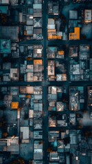 Aerial view of urban rooftops showcasing intricate patterns and contrasting colors.