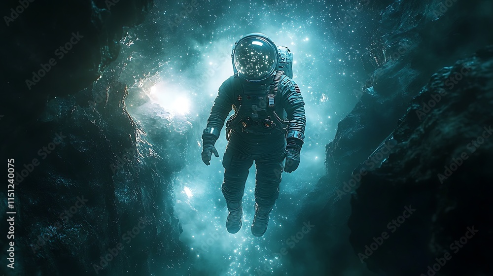 Wall mural an astronaut traversing a shimmering stardust bridge, luminous particles floating around, deep space