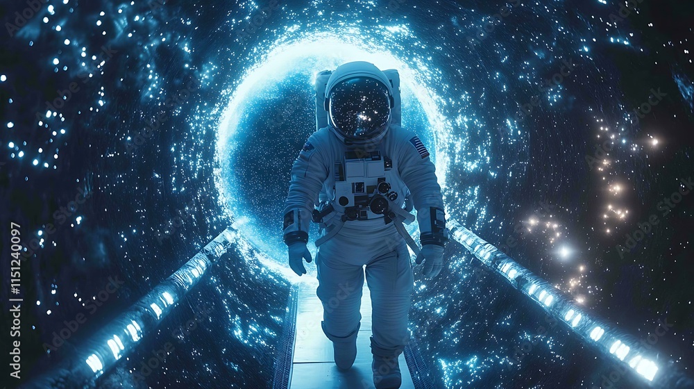 Wall mural an astronaut traversing a shimmering stardust bridge, luminous particles floating around, deep space