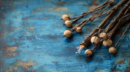 Rustic Hanukkah Card Made of Recycled Materials, Featuring a Handmade Menorah Crafted from Twigs and String, With a Heartfelt Message in Elegant Calligraphy.