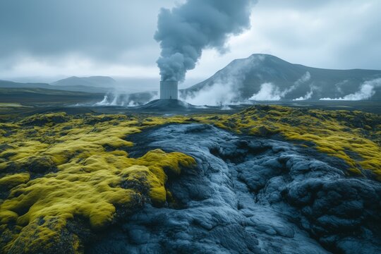 Geothermal energy plant releasing steam plumes against volcanic mountains and vibrant green moss