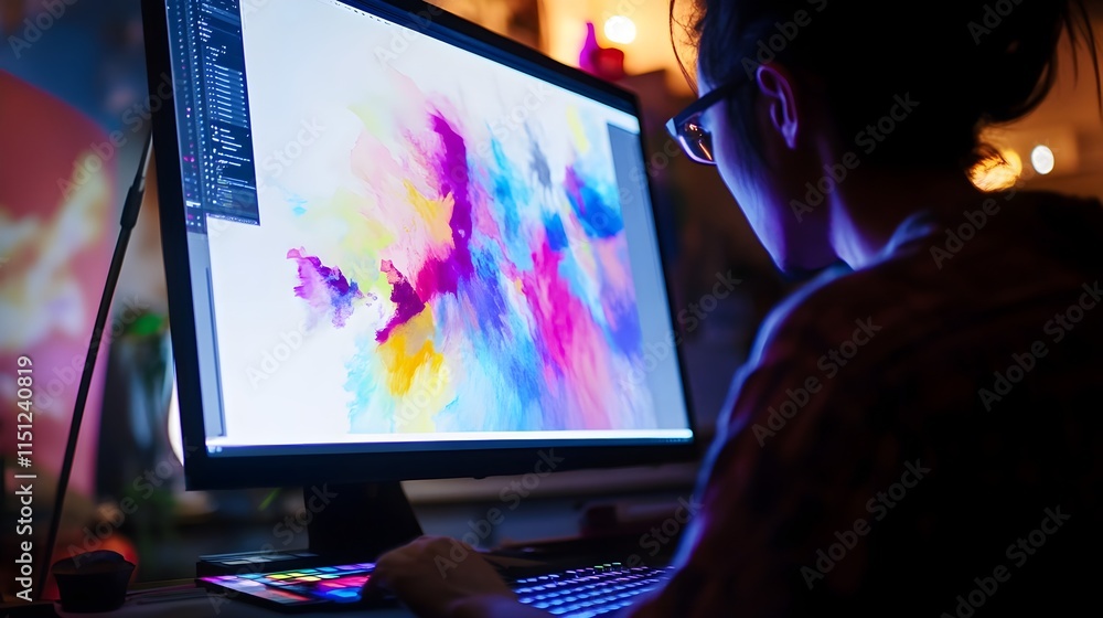 Fototapete A photo of a graphic designer working on a colorful project on a large monitor.