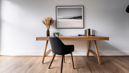 Elegant minimalist workspace with natural wood console and black chair, perfect for a calm and focused work environment. Mock up paitnings. decor