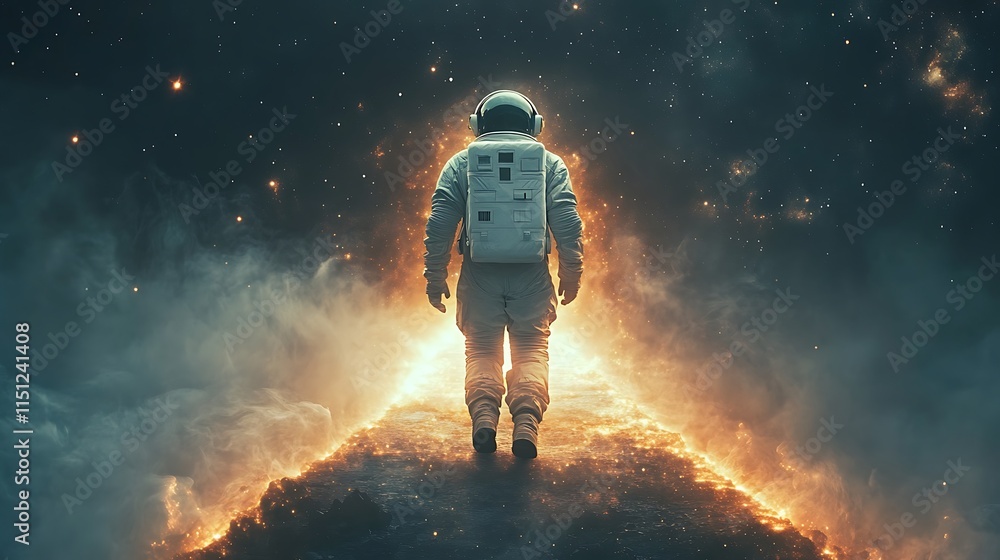 Wall mural an astronaut walking on a stardust bridge, its glowing edges blending seamlessly with the vast void 