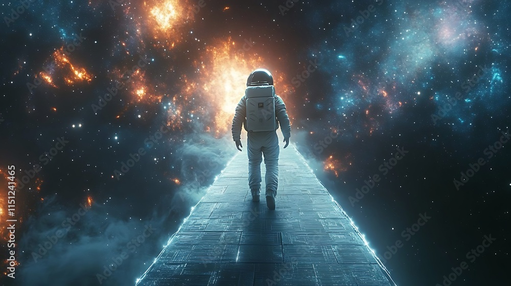 Wall mural an astronaut walking on a stardust bridge, its glowing edges blending seamlessly with the vast void 