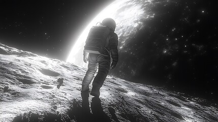 Fototapeta premium An astronaut walking on the moon, the surface bathed in soft shadows and stark sunlight, Earth looming in the background, cinematic lighting adding depth and realism,