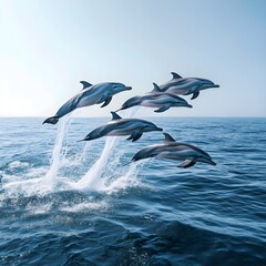 Fototapeta premium A photo of a group of dolphins leaping out of the water during a playful swim. 