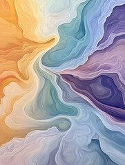 Fluid abstract background with swirling colors in soft hues of orange, blue, and purple, creating harmonious and calming visual experience