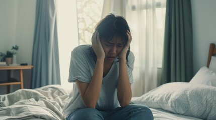A woman sitting on a bed, holding her head, expressing distress or anxiety.
