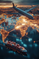 A glowing world map with illuminated trade routes connecting several continents