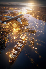 first plan of sea, land and air transportation system, with a beautifully illuminated network.
