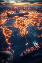 A map of the world with trade routes that connect and symbolize world trade.