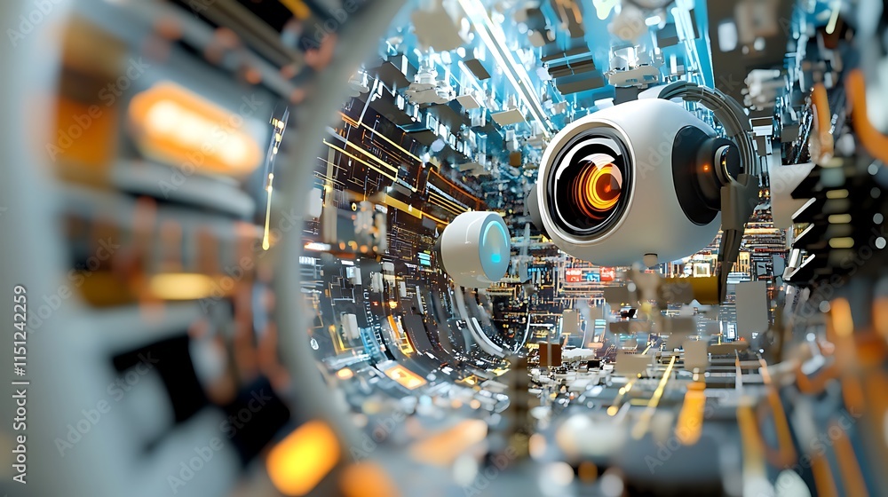 Poster abstract futuristic ai surveillance system in a digital tunnel for high-tech details advanced techno
