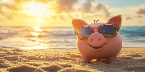 Playful piggy bank wearing sunglasses at the beach, capturing the essence of summer fun. This summer piggy bank adds a whimsical touch to beach vibes with its sunny demeanor.