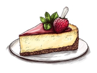 Delicious Strawberry Cheesecake Slice on a Plate - Hand-Drawn Illustration
