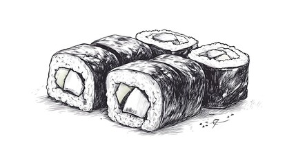 Hand-Drawn Sketch of Delicious Sushi Rolls