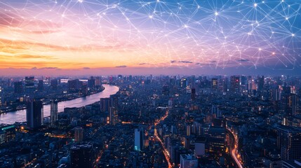 A stunning city skyline at sunset with digital network overlay.