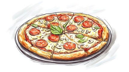 Delicious Pepperoni Pizza with Mushrooms and Basil - Hand-Drawn Illustration