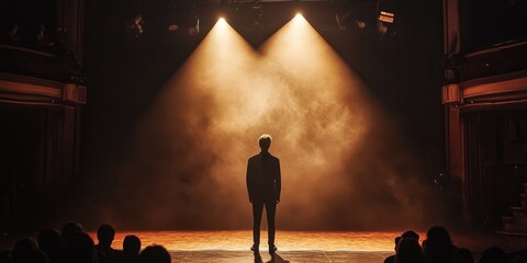 The protagonist captivates the audience on the theater stage, enhanced by the spotlight crafted by the lighting engineer and the impressive projection lamp illuminating the scene.