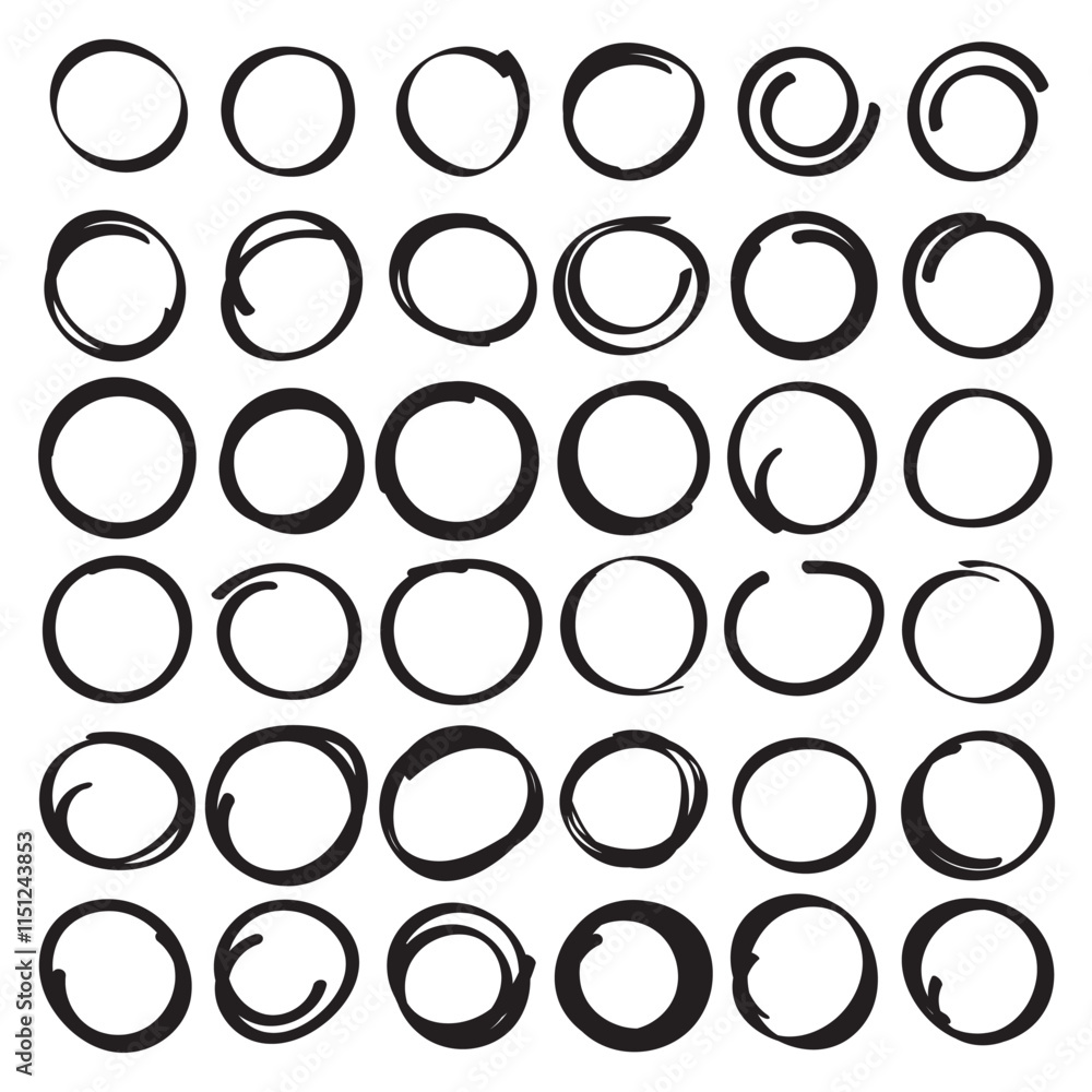 Poster hand drawn line circle sketch set. doodle circles collection. scribble round shape. banner circle fr