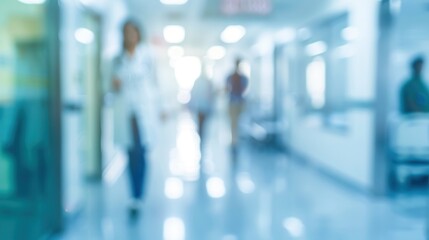 Blurry view of a hospital corridor with healthcare professionals and patients.
