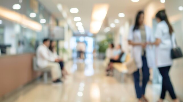 Blurry hospital scene with medical professionals and patients in a waiting area.