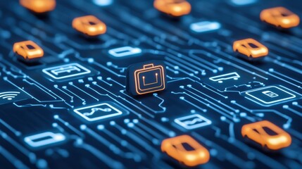 A digital circuit board with glowing orange icons on a blue background, symbolizing technology and connectivity.