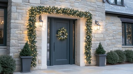 Beautifully Decorated Entryway with Greenery and Lights for the Holiday Season, Featuring Stone Exterior and Festive Decorations in a Charming Neighborhood Setting