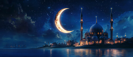 Celebrate Ramadan Kareem with an enchanting crescent moon and mosque under a starlit sky for a magical evening