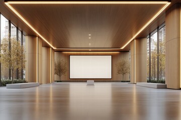 Modern Minimalist Interior of a Spacious Lobby with Warm Wooden Accents, Bright Lighting, and an Empty Screen for Presentations in a Contemporary Building